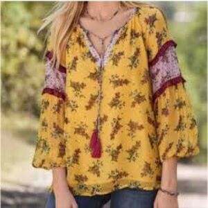 Sundance Golden Floral Dreams Bohemian Tunic Blouse with Tassels